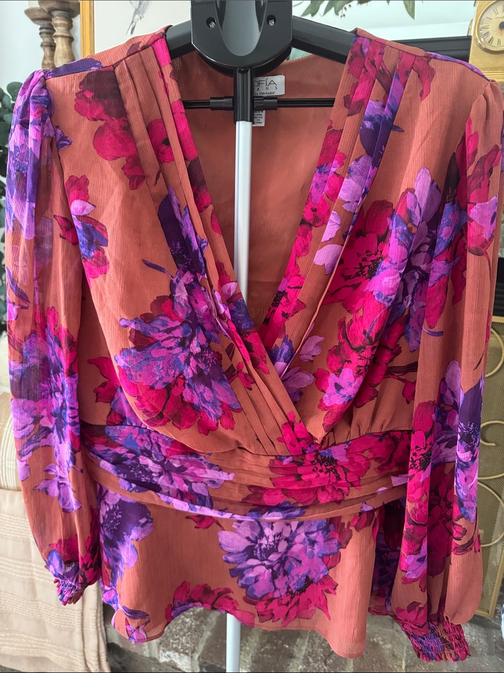 sofia by sofia vergara Rust Floral Surplice Blouse with Pink and Purple Flowers